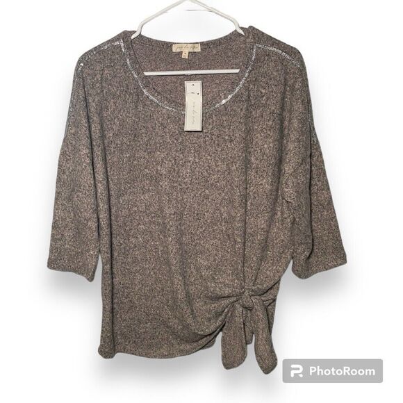 Joie Tops - Joie de Vivre Womens Top Size M Gray Beaded Half Sleeve Tie Front Pullover Fall